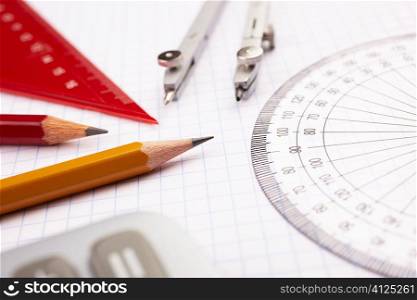 math items, selective focus on nearest part of pencil