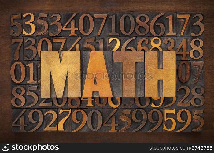 math (mathematics) word in vintage letterpress wood type against number background