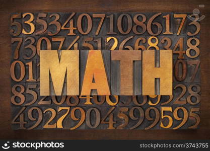 math (mathematics) word in vintage letterpress wood type against number background