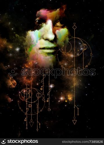 Math of Ego. Her Symbols series. Abstract portrait painting of young woman on subject of inner Self, astrology, the occult, witchcraft, magic and its symbols.