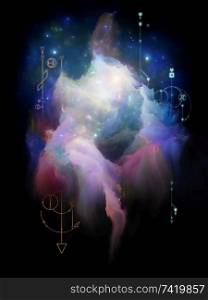 Math of Zodiac. Platonic Space series. Abstract fractal nebula and mystic signs on subject of inner Self, astrology, the occult, witchcraft, magic and its symbols.