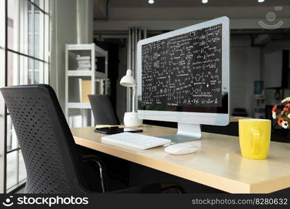 Mathematic equations and modish formula on computer screen showing concept of science and education. Mathematic equations and modish formula on computer screen