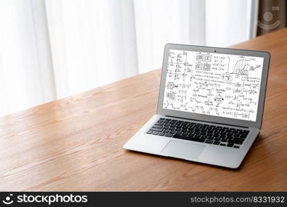 Mathematic equations and modish formula on computer screen showing concept of science and education. Mathematic equations and modish formula on computer screen