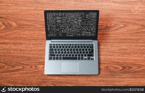 Mathematic equations and modish formula on computer screen showing concept of science and education. Mathematic equations and modish formula on computer screen