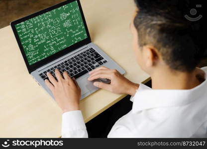 Mathematic equations and modish formula on computer screen showing concept of science and education. Mathematic equations and modish formula on computer screen