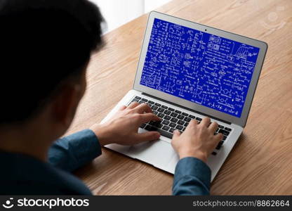 Mathematic equations and modish formula on computer screen showing concept of science and education. Mathematic equations and modish formula on computer screen