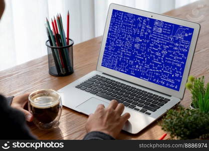 Mathematic equations and modish formula on computer screen showing concept of science and education. Mathematic equations and modish formula on computer screen