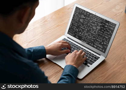 Mathematic equations and modish formula on computer screen showing concept of science and education. Mathematic equations and modish formula on computer screen