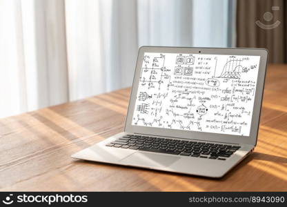 Mathematic equations and modish formula on computer screen showing concept of science and education. Mathematic equations and modish formula on computer screen