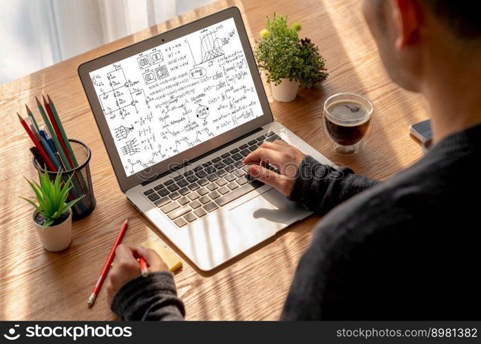 Mathematic equations and modish formula on computer screen showing concept of science and education. Mathematic equations and modish formula on computer screen