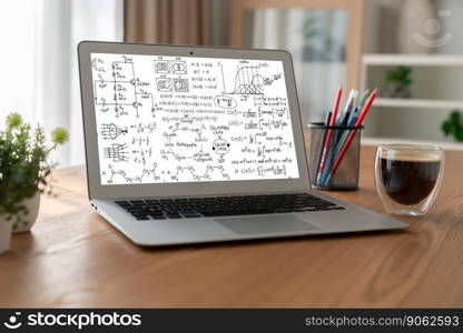 Mathematic equations and modish formula on computer screen showing concept of science and education. Mathematic equations and modish formula on computer screen