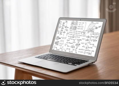 Mathematic equations and modish formula on computer screen showing concept of science and education. Mathematic equations and modish formula on computer screen