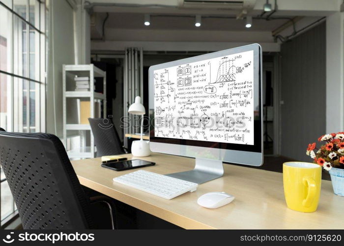 Mathematic equations and modish formula on computer screen showing concept of science and education. Mathematic equations and modish formula on computer screen