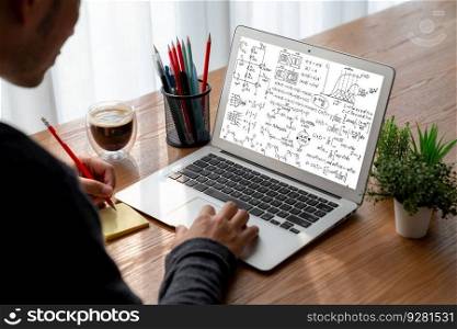 Mathematic equations and modish formula on computer screen showing concept of science and education. Mathematic equations and modish formula on computer screen