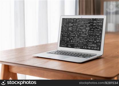 Mathematic equations and modish formula on computer screen showing concept of science and education. Mathematic equations and modish formula on computer screen