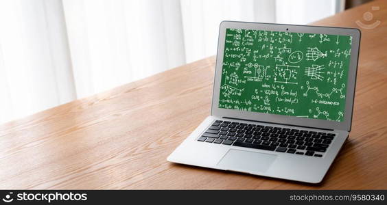 Mathematic equations and modish formula on computer screen showing concept of science and education. Mathematic equations and modish formula on computer screen