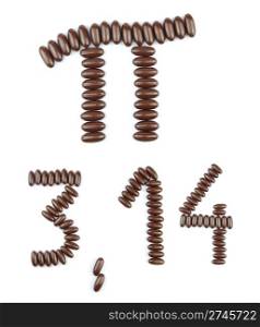 mathematical constant Pi and 3,14 with chocolate candies (isolated on white background)
