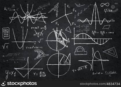 Mathematics sketches on blackboard. Background image with science drawings on chalkboard
