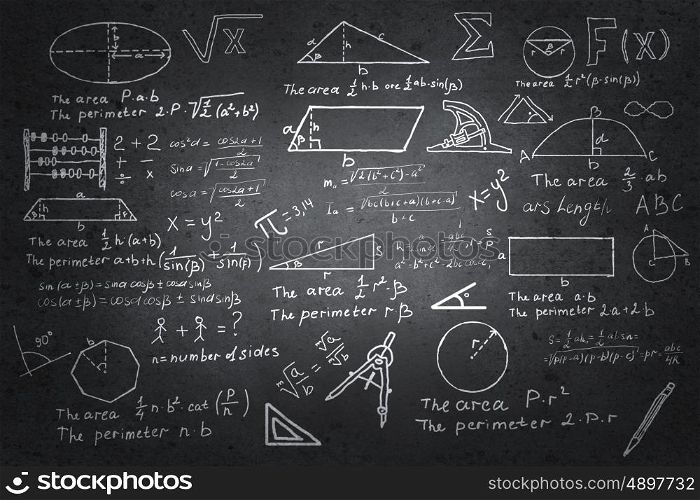 Mathematics sketches on blackboard. Background image with science drawings on chalkboard