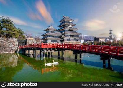 Matsumoto Castle with it&rsquo;s reflection in Matsumoto, Nagano Prefecture, Japan at night with swans