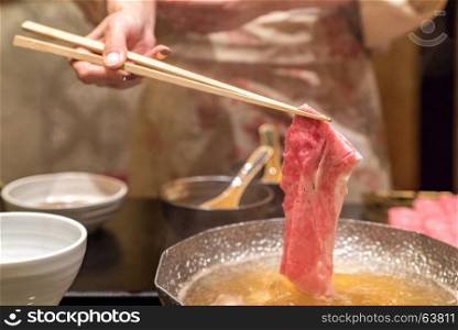 matsusaka beef A5 Wagyu Beef Shabu shabu with steam, Groumet Japanese hot pot cuisine