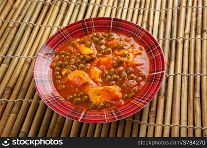 Mattar paneer - is a vegetarian north Indian dish consisting of peas and farmer&rsquo;s cheese in a tomato based sauce,[1] spiced with garam masala.