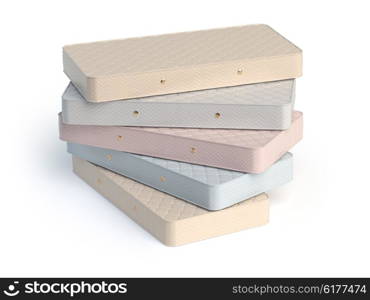 Mattress isolated on white background. Stack of orthopedic mattresses of different colors. 3d illustration
