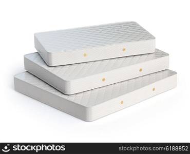 Mattress isolated on white background. Stack of orthopedic mattresses of different sizes. 3d illustration