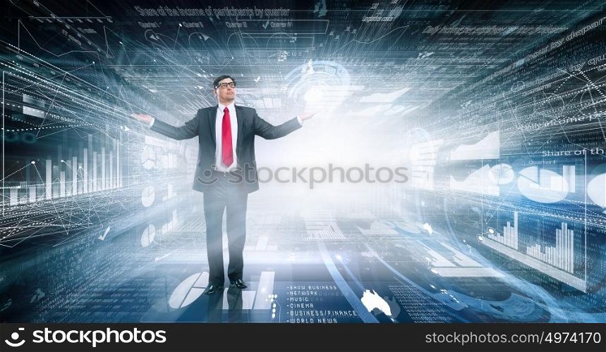 Mature and powerful. Confident businessman with hands spread apart on digital background