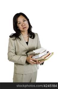 Mature Asian Woman being over worked holding stack of books on white background