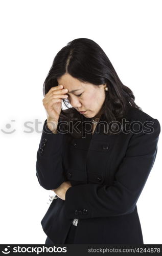 Mature Asian Woman displaying major stress on white background