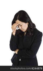 Mature Asian Woman displaying major stress on white background