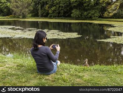 Mature Asian women taking photos of Mallard Duck with pond, trees in background