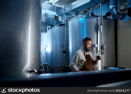 Mature brewery factory owner examining quality of craft beer. Adult man inspector working on alcohol manufacturing factory checking ale fermentation. Brewery factory owner examining quality of craft beer