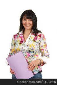 mature business lady with a folder isolated on a white background