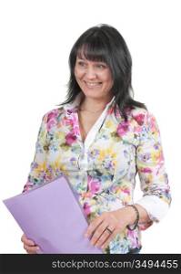 mature business lady with a folder isolated on a white background