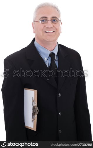 Mature business man holding a clipboard on isolated white background