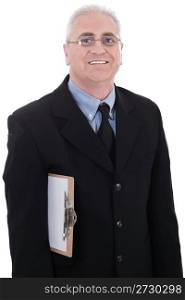 Mature business man holding a clipboard on isolated white background