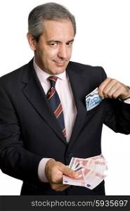 mature business man with money over white background
