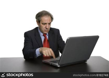 mature business man working with his laptop, isolated