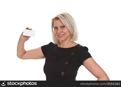 mature business woman holding a blank business card isolated on white background
