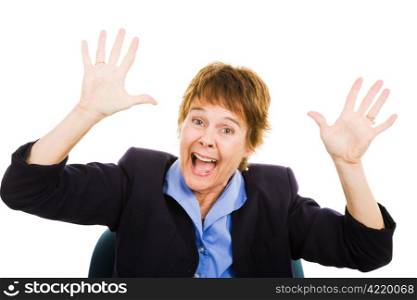 Mature business woman in a state of panic. Isolated on white.