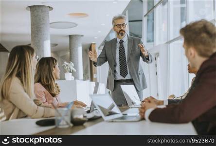 Mature businessman explaining strategy to group of multiethnic business people while working on new project in the office