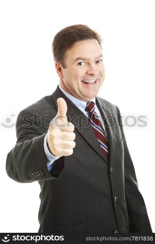Mature businessman making the thumbs up sign. Isolated on white.