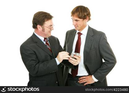 Mature businessman mentoring a young colleague. Isolated on white.