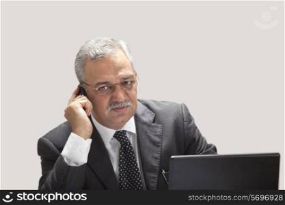 Mature businessman on call with laptop