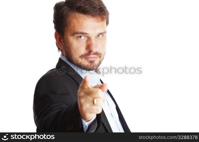 Mature businessman pointing to camera, isolated over white background