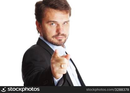 Mature businessman pointing to camera, isolated over white background