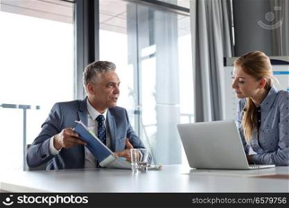 Mature businessman showing documents to female colleague at conference table