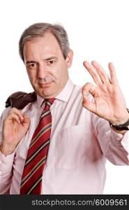 mature businessman showing his hand isolated on white